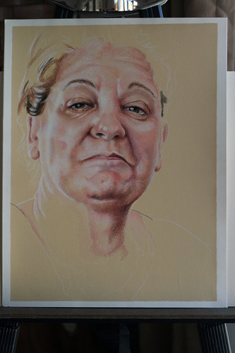 Photo of in progress colored pencil drawing entitled Serra.