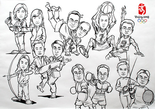 Group caricatures for Microsoft Korea Team ink and brush
