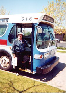 Eddie K and a Kenosha Transit 1975 GMC fishbowl windshield bus. Kenosha Wisconsin. April 2000.