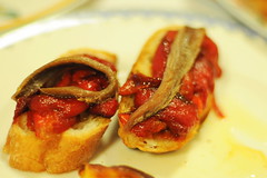 Anchovies and Roasted Red Peppers on Toasted Bread