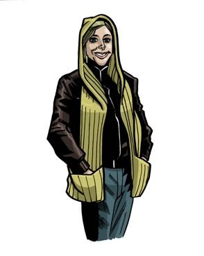 Main heroine of Handknit Heroes with her hooded scarf