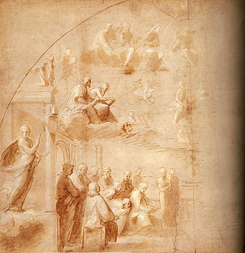 1508  Raphael    The Disputa, Compositional study for the Left-Hand side  Brush and brown wash  27,6x28,3 cm  Londres, The Royal Collection