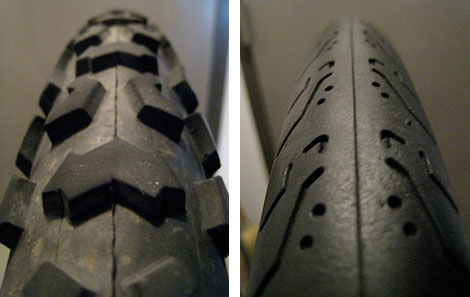 two different tires, one knobby, one smooth