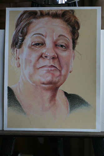 Photo of in progress colored pencil drawing entitled Serra