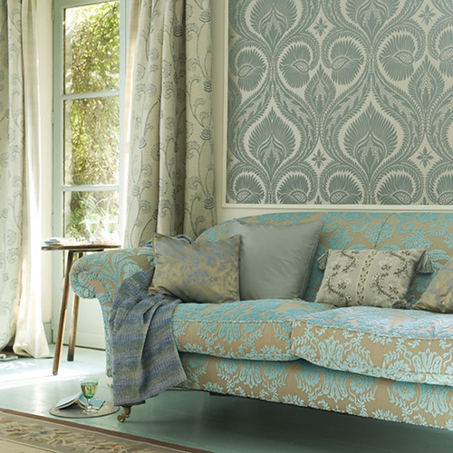  Modern wallpaper: Combining pattern in blue + green living room 