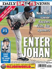 Johan Santana (New York Mets 2-time Cy Young Award winning pitcher) wins Opening Day 2008 - New York Daily News, 4-1-08