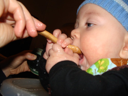Silas's first solid food - January 25, 2009