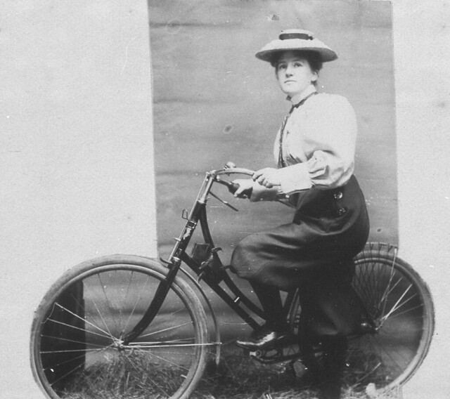 Annie Dawson Wallace with her bicycle. NB: Annie is wearing trousers - Sydney, NSW, 1899