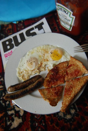Basted eggs, sausage, toast and BUST