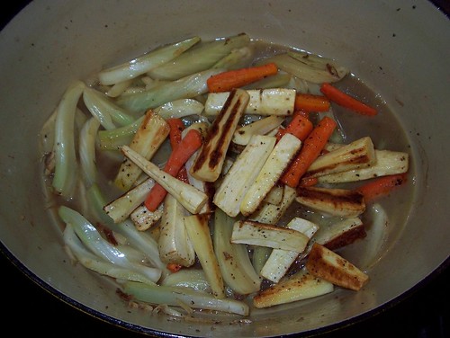 adding roasted parsnips and carrots to fennel