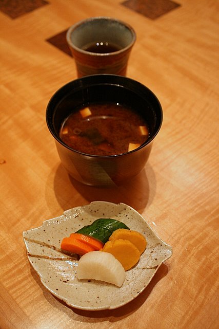 Top to bottom: houji-cha, red miso soup and pickles