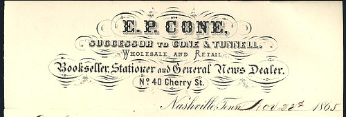 1865, Nashville TN, EP Cone, bookseller letterhead by Exile Bibliophile