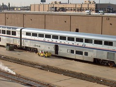 Amtrak Superliner coaches being serviced. Chicago Illinois. December 2006.