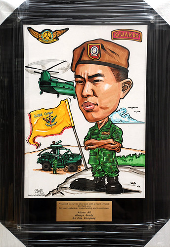 Caricature for Singapore Armed Forces in black acrylic frame