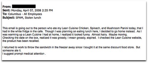 office lunch thieves: always despicable, and in this case — gullible, too.