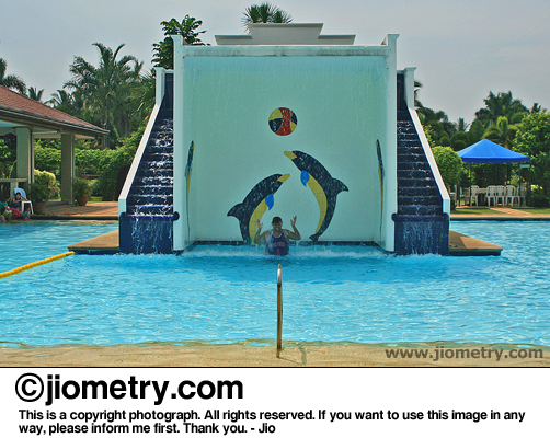 Huge water fountain with playful dolphins painted on the wall