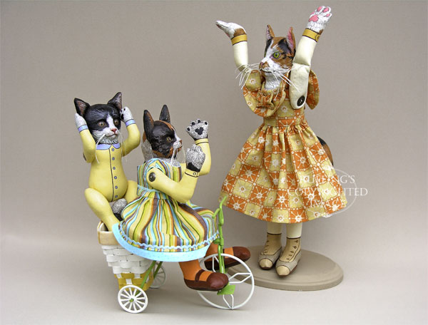 Fiona the Calico Kitten, Ziggy the Tuxedo Kitten, Hedda, Original One-of-a-kind Folk Art Dolls by Elizabeth Ruffing and Max Bailey