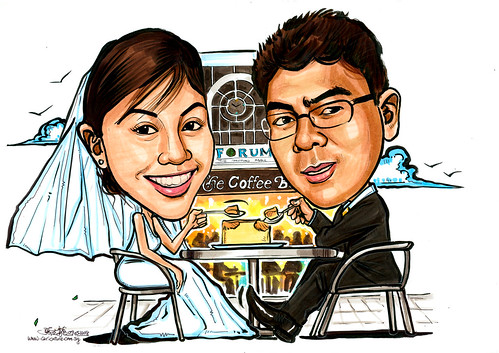Caricatures couple wedding at Forum Coffee Bean