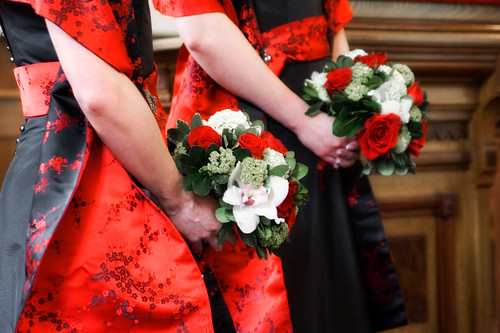 Red Black Bridesmaid Dresses Asian wedding with black and red brocade