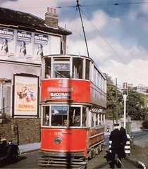 London double-decker tram in service in May 1949