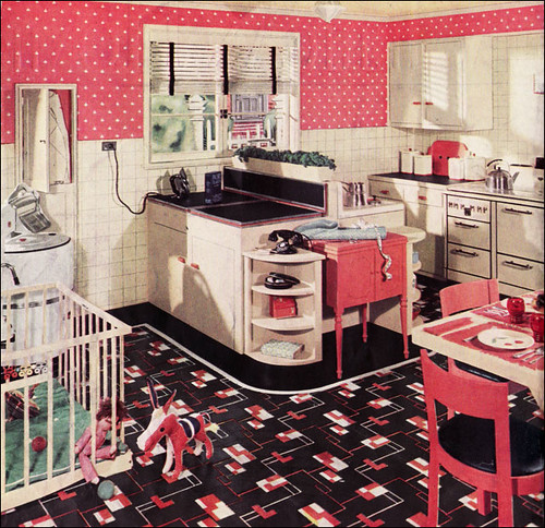 pink polka dot wallpaper. 1936 Pink Polka Dot Kitchen