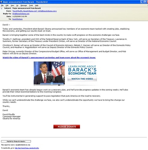 Obama Email Announcing Economic Team On 11/25/08