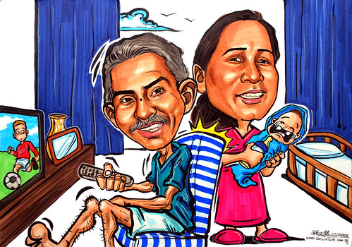 Couple caricatures 39th wedding anniversary Man-U fans and Babysitter