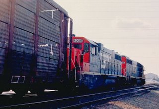 Northbound Grand Trunk Western freight train. Mc Cook Junction. Mc Cook Illinois. May 1990.