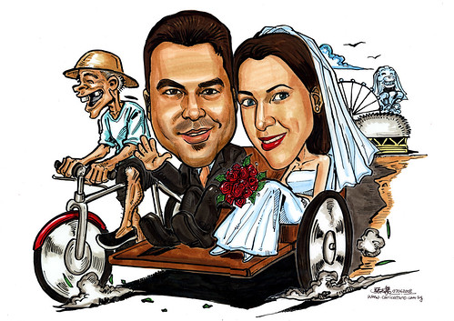wedding couple caricatures on trishaw