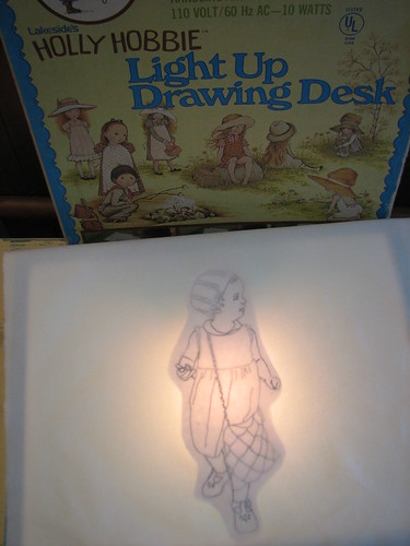 tracing the design on to fabric with my Holly Hobbie lightbox