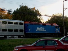 Westbound Metra commuter local arriving at the Hollywood flagstop depot. Brookfield Illinois. October 2006.