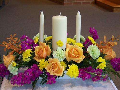 orange and yellow wedding A Colorful Centerpiece Unity Candle Centerpiece
