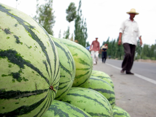 Watermelons for sale on roadside near Zhangye, Gansu Province, China