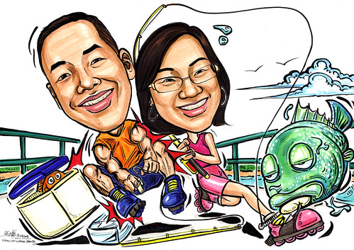 Couple caricatures roller blading & fishing at Bedok Jetty A4