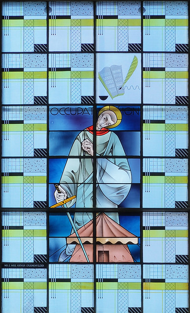 Saint Paul Roman Catholic Church, in Highland, Illinois, USA - stained glass window of Saint Paul with tent