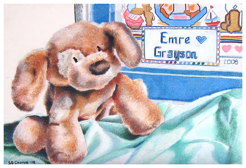 Colored pencil still life of a toy dog entitled For Emre.