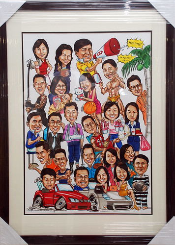 Group caricatures for HSBC in colour with frame