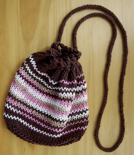 Brown and Pink Cotton Knit Purse -- Long Handle