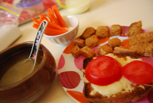 Cheese toast with tomato, carrots with ranch, miso soup with seaweed