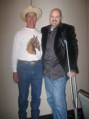Daddy wearing the horse head shirt I painted for him and Joel on his crutches