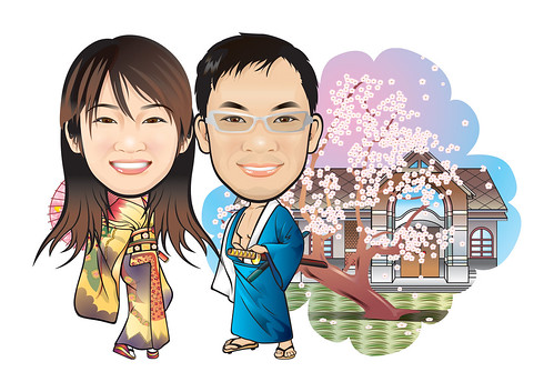 Q-Digital couple caricatures in Kimono