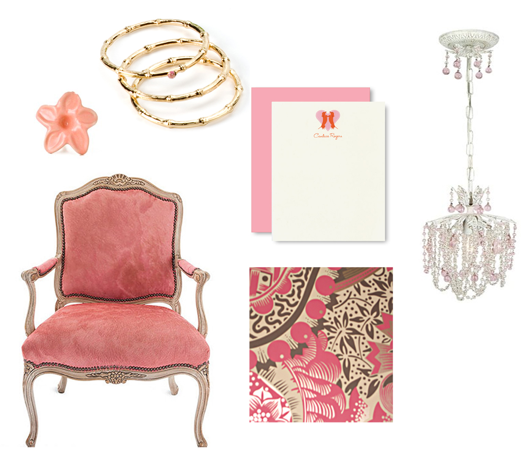 pink chandelier, and the Bedlam patterned wallpaper which I