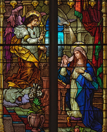 Saint Bernard Roman Catholic Church, in Albers, Illinois, USA - stained glass window detail - Annunciation