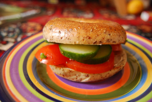 Bagel with cream cheese, tomato, cucumber