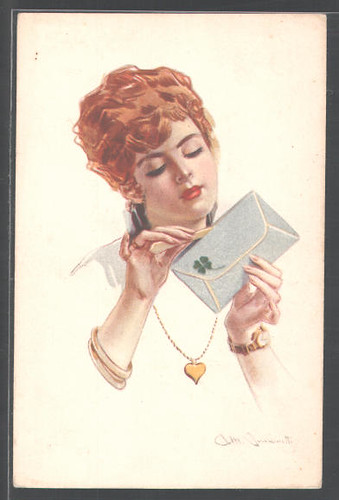 Simonetti Redheaded woman tensely opens a love letter by you.