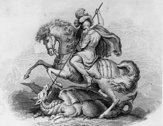 St George slaying the dragon, 19th century engraving