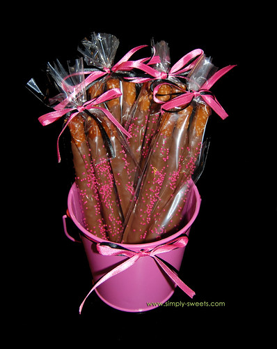 chocolate dipped pretzels pink and black gift basket