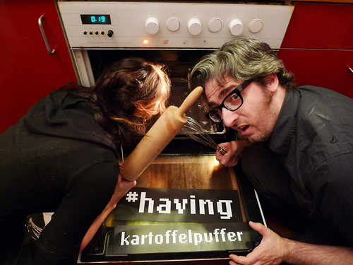 Bre and Astera practicing for their Kartoffelpuffer workshop