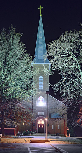 Saint John the Baptist Roman Catholic Church, in Villa Ridge (Gildehaus), Missouri, USA - exterior at Christmas