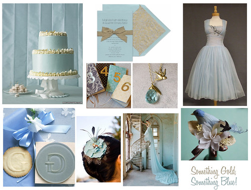 The gold silk ribbon on this sky blue wedding invitation adds a touch of